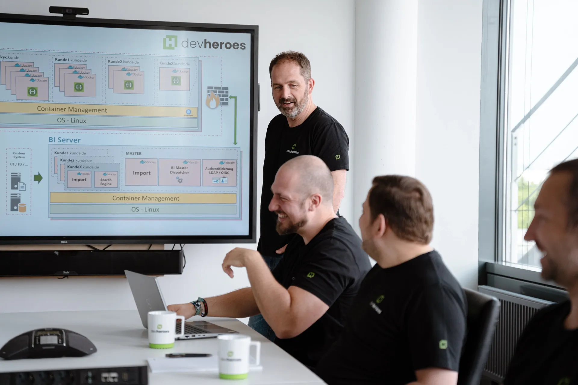 Eine Collage aus Bildern von gelücklichen devheroes Entwicklern bei der Arbeit.